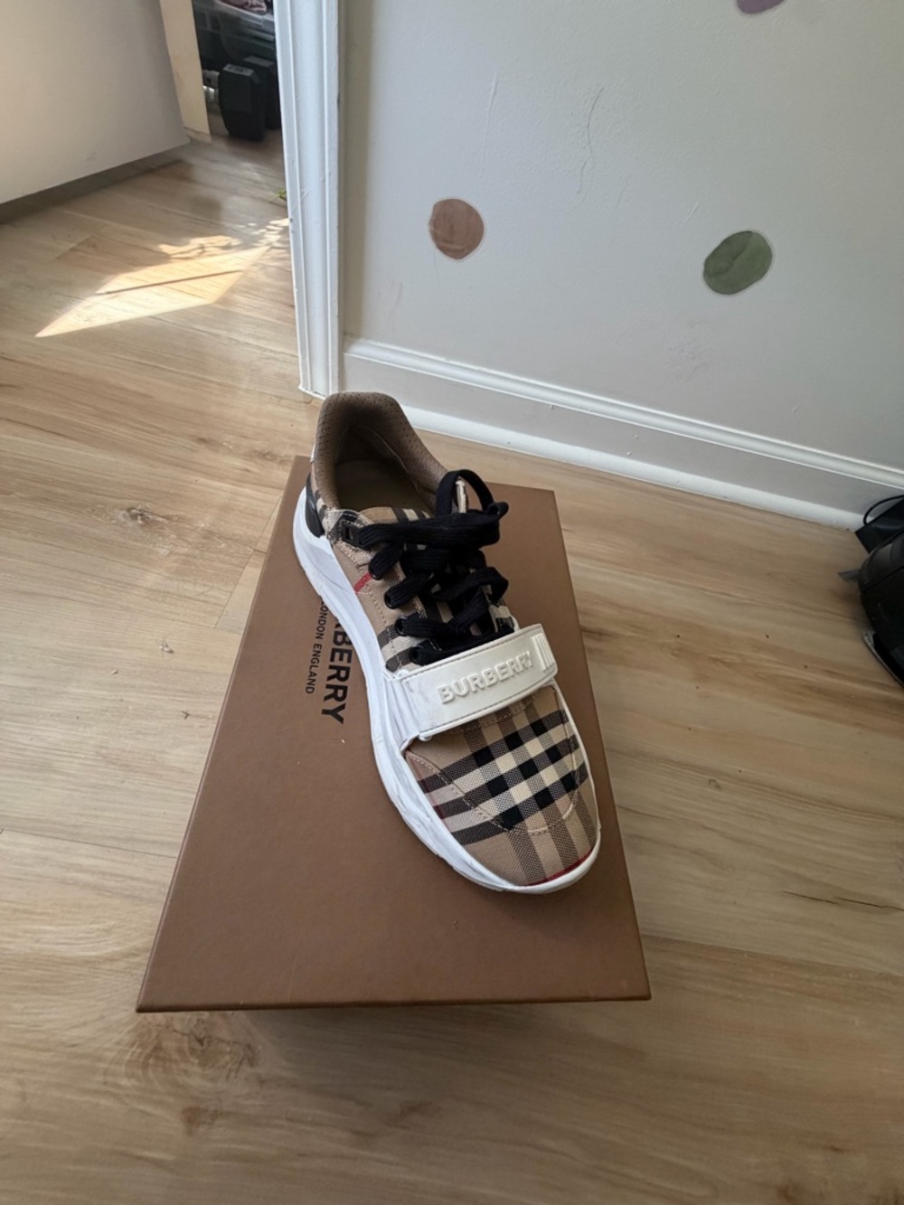 Burberry Beige Check Leather-Trim Sneakers